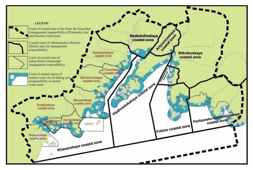 Figure 1. Boundary delimitation (functional zoning) of the Peter the Great Bay coastal zone (NOWPAP POMRAC 2010). 