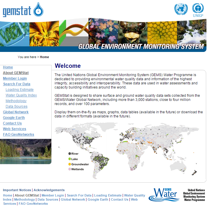 United Nations Global Environment Monitoring System (GEMS) Water Programme: http://www.gemstat.org/